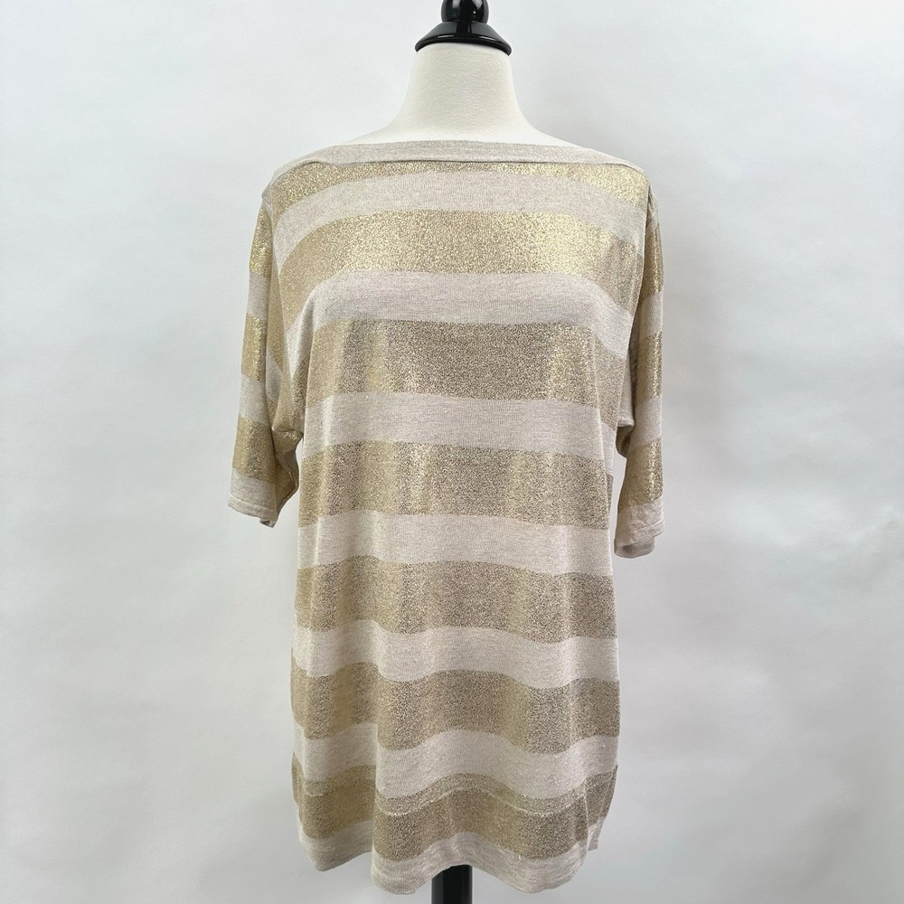 Chico's Linen Blend Gold Stripe Sweater Size 1 Medium Gold Oatmeal Boat Neck Top - Picture 3 of 11